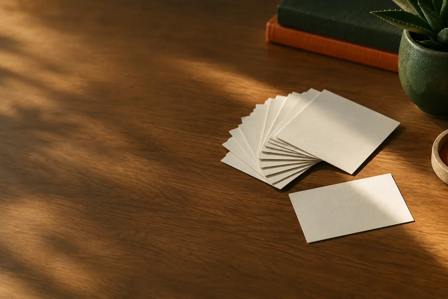 A set of blank ivory index cards fanned out on a warm oak desk, one card set apart in a shaft of afternoon light