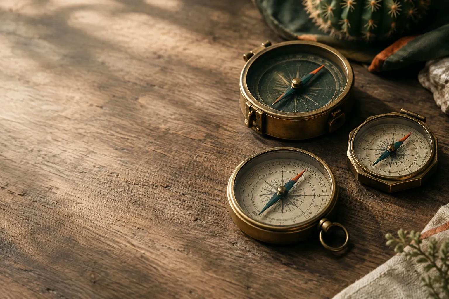 Three different vintage brass compasses arranged on weathered oak, all needles pointing the same way, in soft window light