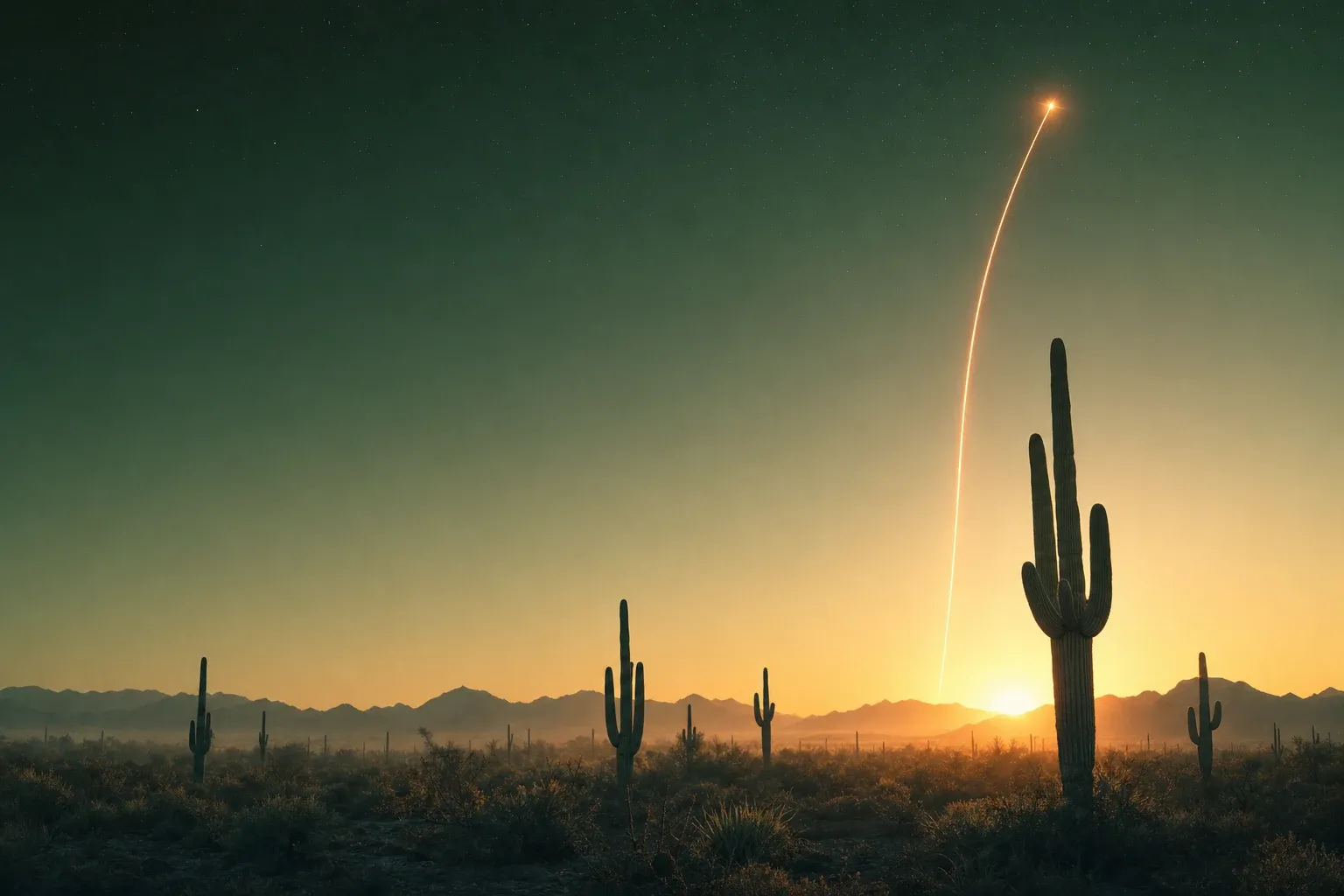 Premium desert landscape at dawn with a light trail arcing over saguaro silhouettes — the CactusLaunch aesthetic