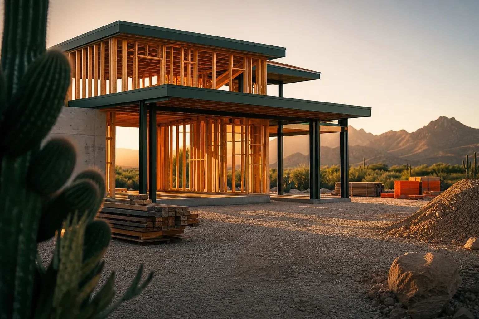 Modern custom home under construction at golden hour — contractor visual direction