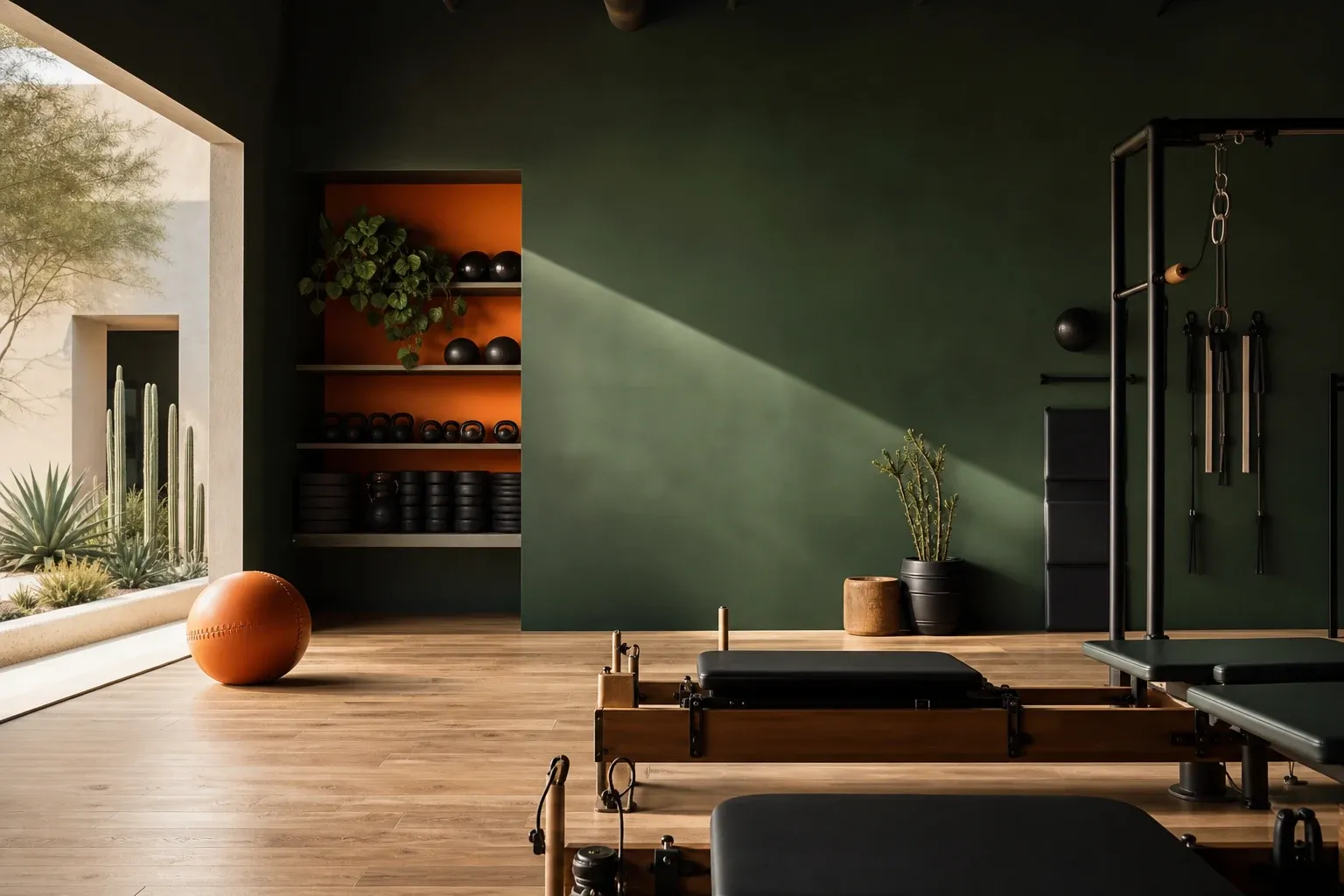 Boutique fitness studio interior concept with warm dramatic light